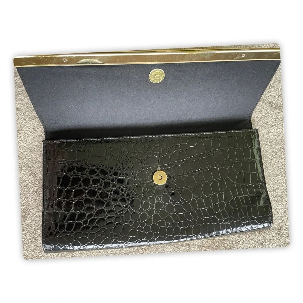 ALDO Black Faux Croc Clutch Wallet‎ Purse Envelope Gold Bar Snap Closure Large
